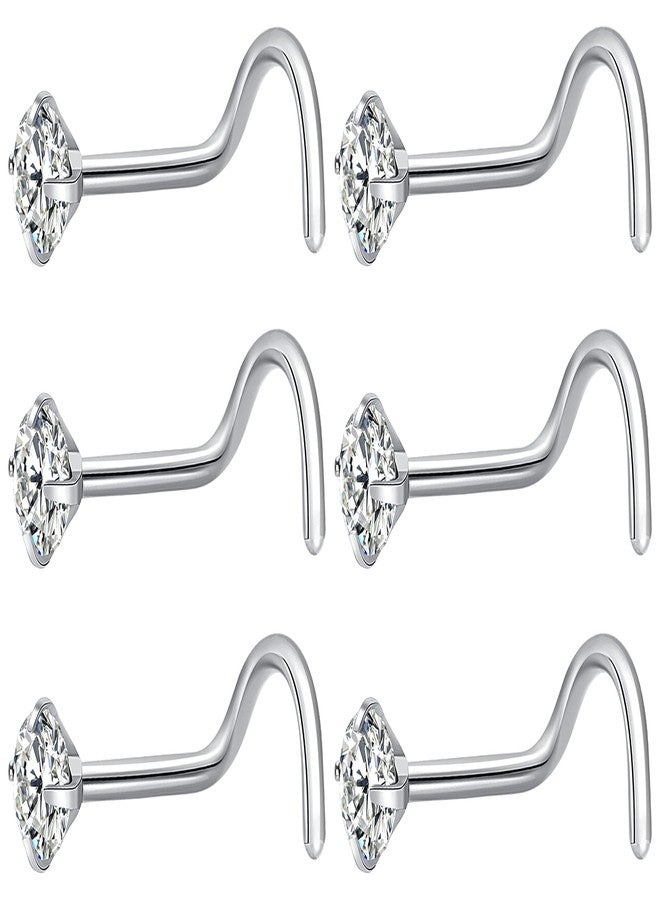 Fzroezz 6Pcs Nose Studs 18 Gauge Corkscrew Nose Piercings Nose Rings Studs Nostril Nose Piercing Jewelry Silver Nose Ring Nose Stud Nose Piercing Surgical Steel Nose Jewelry 18G Cute Real Nose Piercing Stud Nose Rings Hypoallergenic Big Screw Nose Ring 3mm Round Clear Diamond CZ Thin Set Curved - Image 1